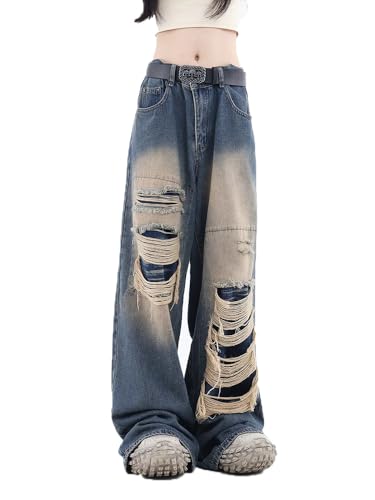 Women's Gothic Ripped Jeans High Waist Hip-Hop Vintage Y2k Denim Pants Oversize Harajuku Beggy Wide Leg Jeans