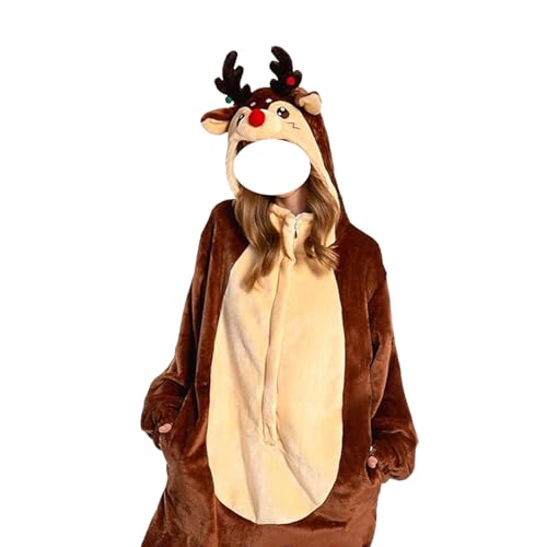 Crittygo Reindeer Costume Womens, Reindeer Onesie Pajamas Reindeers Brown Hooded Jumpsuit, All-In-One Xmas Outfit Christmas Fancy Dress
