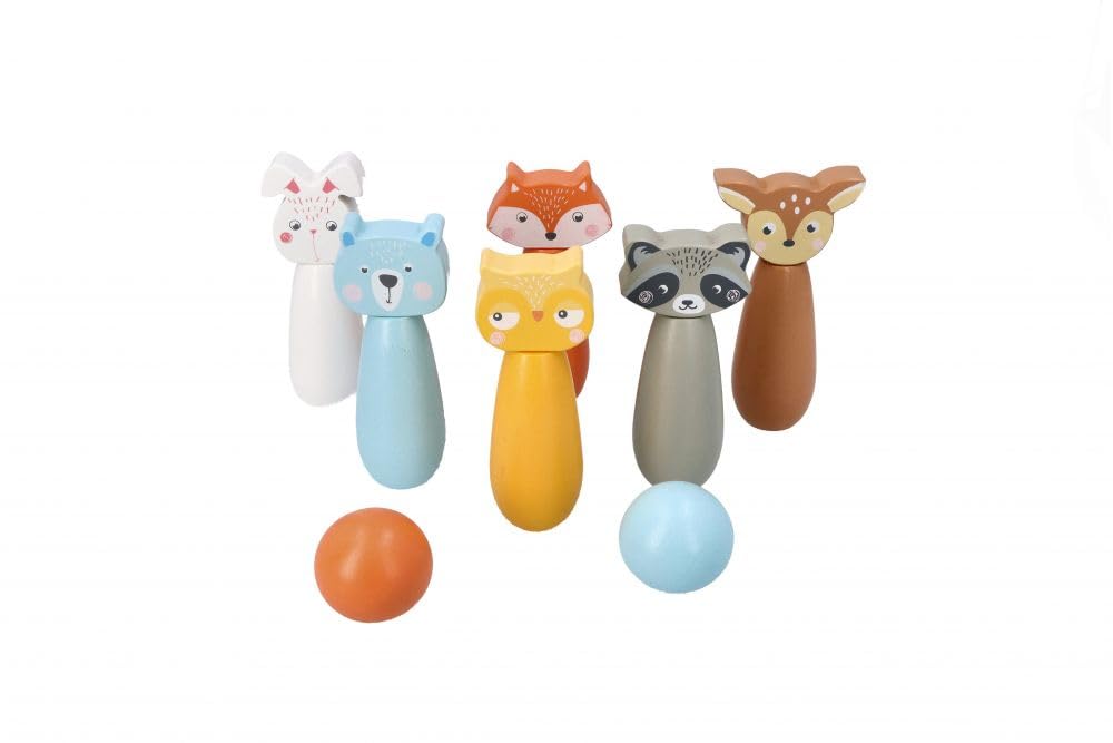 Kegelspiel für Kinder, 6 Kegel, 2 Bälle - Bowling-Set für Kinder, Waldtier-Figuren - Bemaltes Holz - Spielzeug ab 3 Jahre - Outdoor, Indoor - Kinderball, Geburtstag, Geschenk