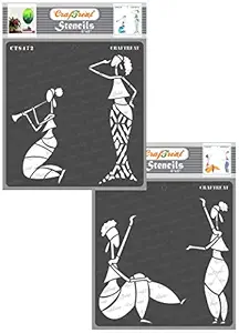 Tribal Art Stencil for Craft - Enjoying Music & Holding Clock - Size: 6X6 Inches (2 Pcs)- Stencils Combo Pack for Craft - Clock Stencils for Craft - Tribal Figure Stencil for Painting