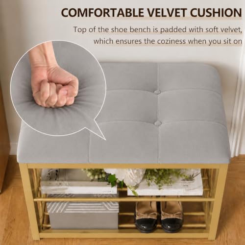 Image of Modern Shoe Rack: Covered Velvet Stool with a Cushioned Seat for Setting Stool, Space-Saving Shoe Rack The Hallway, Bedroom, and Living Room (Gray)