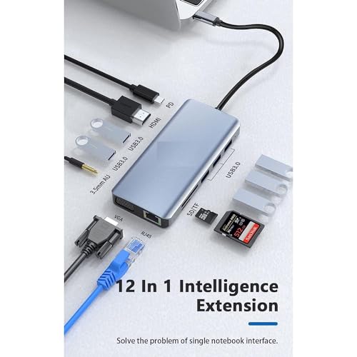 Image of USB HUB 12 in 1 USB c hub Compact 12 Port Aluminium Type C Docking Station 1* HDMI Port, 1* VGA, RJ45, 5 USB 3.0 Ports, 1-3.5mm Audio, USB-C Power Delivery, TF /SD Slot (USB C to 12 in 1 HUB)
