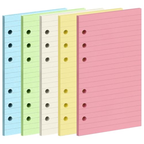 A6 Farbig Liniertes Nachfüllpapier, 100 Blatt / 200 Seiten, Nachfüllpapier Nachfüllbare Refill Paper Nachfülleinlagen für A6 6-Ringbuch-Notizbuch für Büro, Schule, Zuhause, 5 Farben