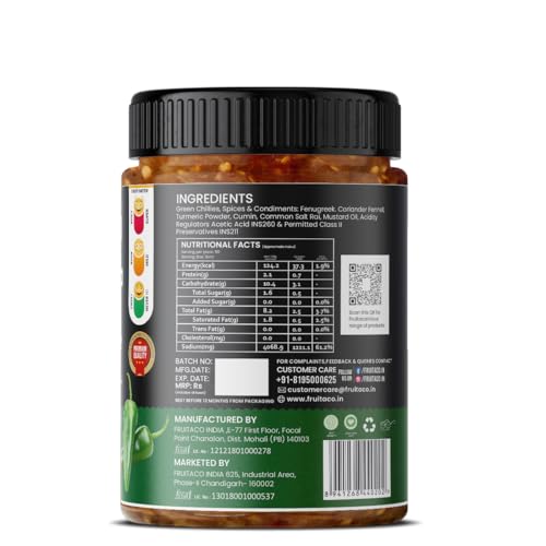 Image of Fruitaco Green Chilli Pickle - Authentic Indian Pickle with Tangy and Spicy Flavor | Perfect Side for Meal (500 Gm, Green Chilli Pickle)