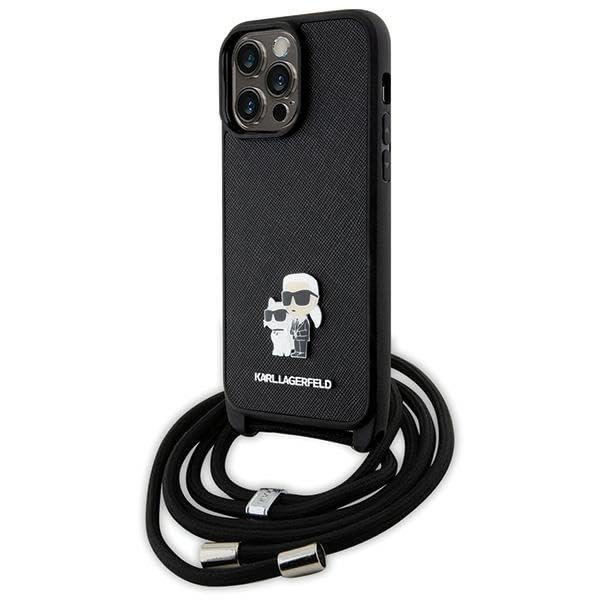 Karl Lagerfeld KLHCP14XSAKCPSK Coque rigide pour iPhone 14 Pro Max 6,7" Noir Crossbody Saffiano Metal Pin Karl & Choupette