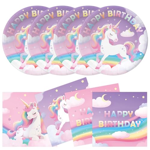 Xjoviative 50Pcs Unicorn Birthday Plates and Napkins Party Supplies Disposable Pastel Rainbow Paper Plates Napkins Tableware Set for Unicorn Birthday Party Decorations