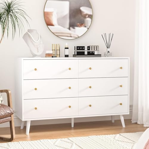 Image of SINROM® White Dresser for Bedroom, White and Gold Dresser with Gold Handles, Wide Wood 6 Drawers Dressers for Bedroom