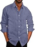 【Eigenschaften】Herren Leinen Hemd, Langarm, Business-Casual-Stil, mit Brusttasche, Umlegekragen und Knopfverschluss, Einfarbiges Design, Einfaches aber Modische.