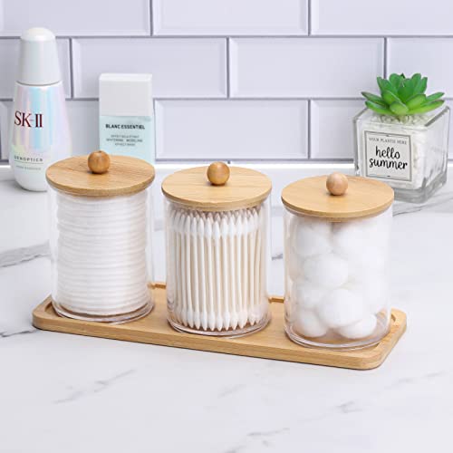 Image of Tbestmax 10 Oz Cotton Swab /Ball /Pad Holder, Qtip Apothecary Jar, Clear Bathroom Containers Dispenser for Storage 3 Pack Wood Lids