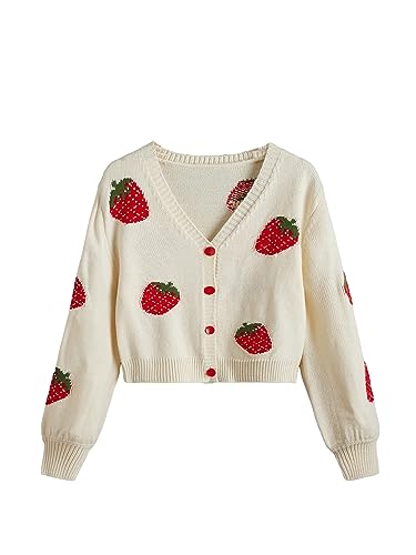 Verdusa Girl's Graphic Sweater Long Sleeve V Neck Casual Button Down Cardigan Apricot 12 Years