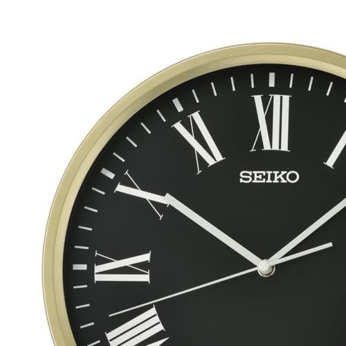 Image of Seiko Classic Round Golden Plastic Analog Home Decor Roman Figure Black Dial Wall Clock with Sweep Movement (Size: 30.5 x 4.5 x 30.5 CM | Weight: 670 gram | Color: Golden)