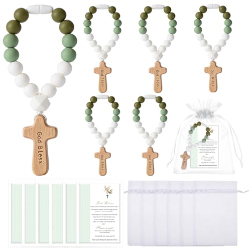 6 Pcs Baptism Rosary Beads with Wood Cross, Catholic Silicone Baby Rosary Bulk with White Mesh Bags Cards, Baptism First Communion Christian Party Favors