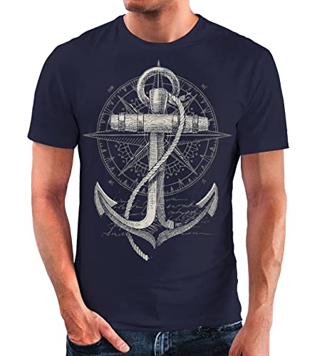 Neverless Herren T-Shirt Print Aufdruck Anker Kompass Motiv Maritim Meer Fashion Streetstyle Navy M