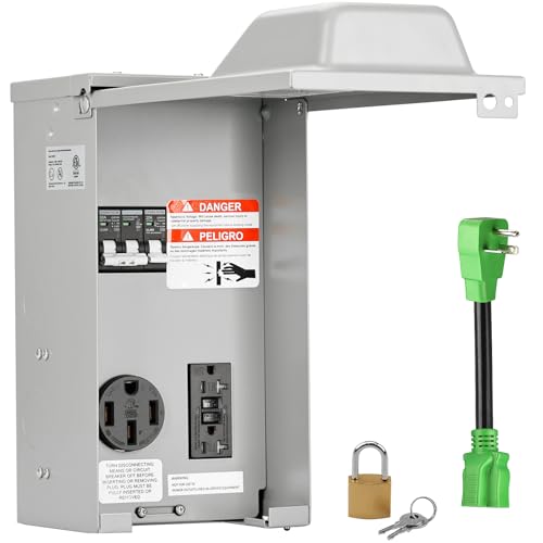 RVGUARD Temporary Power Outlet Panel with Breaker, ETL Listed 20 50 Amp Receptacle, Type 3R Electrical Outlet Panel with 20 Amp 90 Degree Adapter Cord for RV, Camper, Travel Trailer