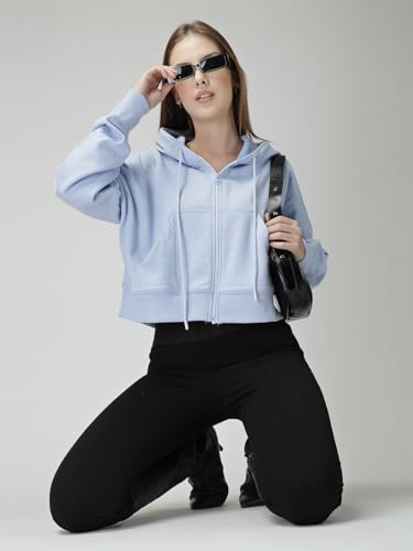 Image of Casual Wear Solid Crop Zipper Jacket Hooded Neck Full Sleeves with Kangaroo Pocket Hoodie for Women
