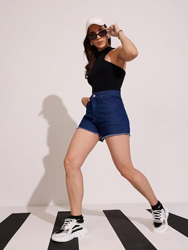 Image of Dolce Crudo Women's Relaxed Fit Mid-Rise Denim Shorts with Adjustable Waist & Frayed Hem