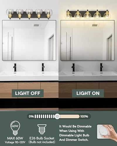 Image of Bathroom Light Fixtures, 5-Light Black and Gold Bathroom Vanity Light, 32 Inch Modern Wall Sconces with Globe Clear Glass Shade, Vanity Lighting Fixtures Over Mirror, VL195-KG-5