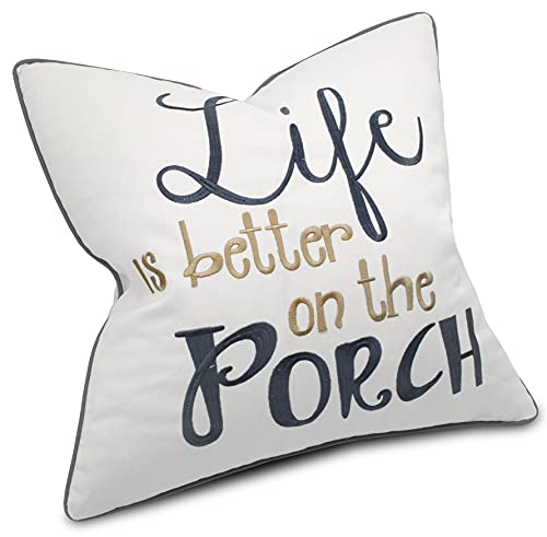 YugTex Life is Better On The Porch Embroidered Cotton Decorative Square Accent Throw Pillow Cover - Decor for Couch, Porch, New Home - 18x18 Inches, Offwhite - Image 4