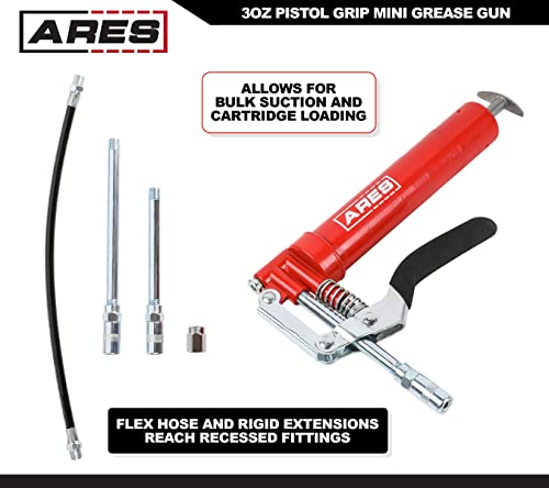 Image of ARES 53011 - 3oz Pistol Grip Mini Grease Gun - Includes 12-Inch Flex Hose and 4-Inch and 6-Inch Straight Extensions - 3000 PSI Working Pressure Rating