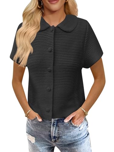 Saodimallsu Womens Short Sleeve Cropped Cardigans Casual Summer Button Down Collared Lightweight Loose Knit Sweater Top Black