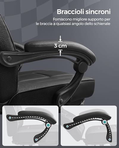 Sedia da Ufficio, Poltrona Racing Ergonomica, Poggiapiedi Telescopico, Schienale Inclinabile, Poggiatesta e Supporto Lombare, Portante di 150 kg, Nero Inchiostro OBG073B05 - Sedia gaming - Immagine 5
