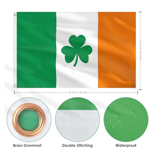 Image of AhfuLife Irish Shamrock Flag Banner 3x5 Ft for St Patrick's Day Decorations, 1 Pc Large Ireland Shamrock Flag - Double Sided with Brass Eyelets for Irish National Day, Outdoor Indoor Garden Decor