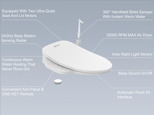 Image of DC01 Electric Bidet Toilet Seat Elongated, Auto Open, Side Panel | Instant Warm Water Wash, Heated Seat, Warm Air Dryer, Auto Close Lid, Simple Remote, LED Night Light & 360 Handheld Sprayer