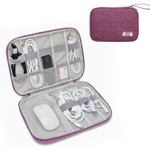 Mini Accessories Organizer Case Hard Shell Zipper Around Compact for Phone Chargers Earphones Cables Portable Drives, Flat Purple