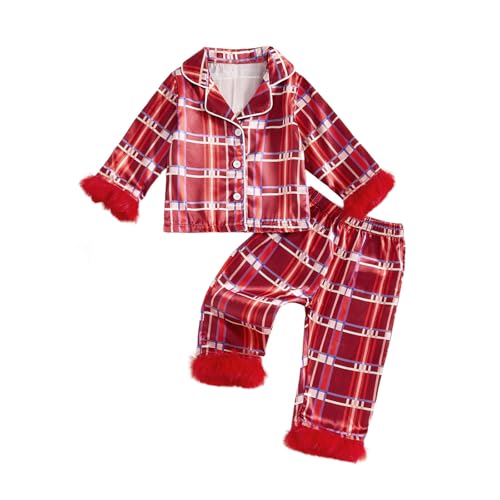 Qiylii Toddler Baby Girl Christmas Satin Pajamas Feather Trim Button-Up Plaid Pjs 2 Piece Long Silk Christmas Pajama (Red 3-4T)