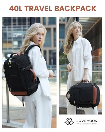 Image of LOVEVOOK Carry On Travel Backpack For Women Men Flight Approved, 40L Personal Item Backpack for Airplanes, Business Weekender Overnight Daypack Fits 17 Inch Laptop, With 2 Packing Cubes, Black-Brown