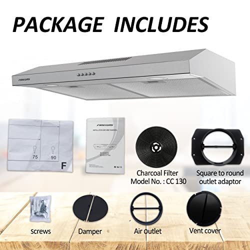 Firegas Under Cabinet Range Hood 30 Inch With Brushless Dc Motor, Led Light, 3 Speed Exhaust Fan, Reusable Aluminum Filters, Push Button,Stainless Steel Range Hood,With Charcoal Filter #TOP6