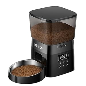ROJECO Automatic Cat Feeders,8cup/68oz Automatic Cat Food Dispenser,Program 1-6 Meals Control,2L Auto Timed Cat Feeder for Dry Food,Cats&Puppy Dogs Pet Feeder,Support Dual Power Supply