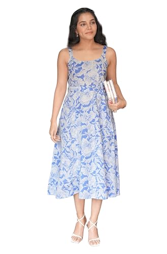Image of Janasya Women's Light Blue Pure Cotton Floral Printed A-line Dress