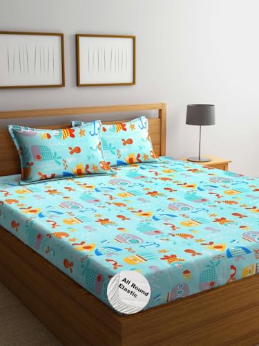 Image of RD FABS Kids Cartoon Elastic Fitted Bedsheet, Soft Microfiber, Double Bed with 2 Pillow Covers, Wrinkle Free, Aquarium Fish Print, Multicolor, 78x72 Inches (Fits up to 8 Inch Mattress)