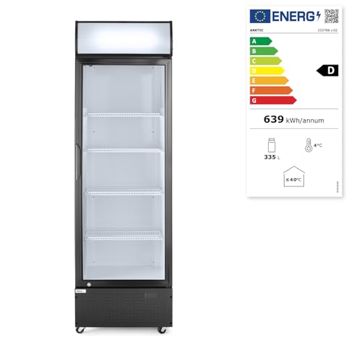 HENDI Getränkekühlschrank mit Leuchtkasten, Eintürig, mit 4 verstellbaren Regalböden, Temperaturbereich: 0° bis 10°C, automatische Abtauung, 335L, 230V/250W, 578x605x(H) 1980mm, Aluminium, Glas