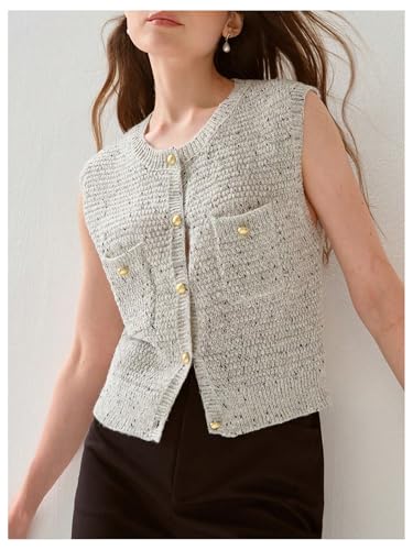 OYOANGLE Women's Button Up Sweater Vest Crew Neck Elegant Work Dressy Knit Vest Old Money Clothes4