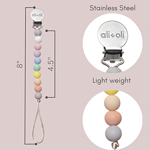 Image of Ali+Oli Silicone Pacifier Clip for Baby (Thin Pastel) 100% Food-Grade BPA Free Newborn Pacifier Holder Infant Binky Clip for Baby Boy or Girl | Food-grade material, Keeps soothers within reach, Secure attachment, Lightweight, Everyday use, Easy cleaning
