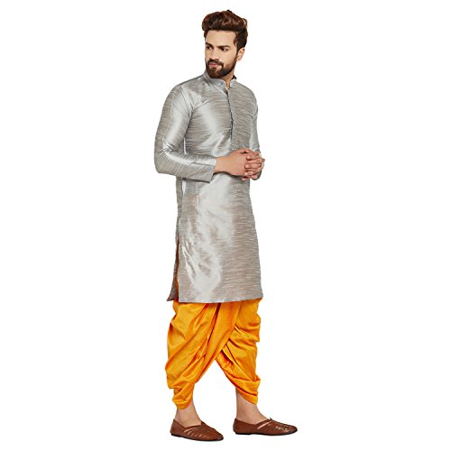 Image of SOJANYA (Since 1958 Men's Off-White and Gold Dupion Silk Dhoti Kurta Set