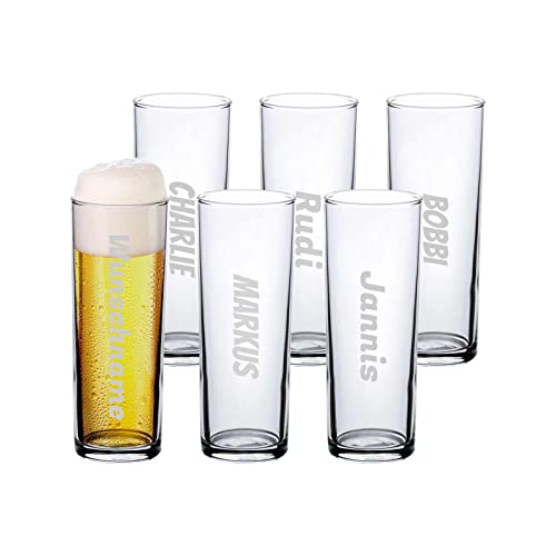 LUXENTU Bierglas mit Gravur, Kölsch-Glas/Kölner Stange mit 0,2 Liter Eichung, Persönliche Lasergravur mit Name, Personalisiertes Geschenk, Spülmaschinenfest, 6 Stück