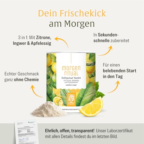NATURTREU® Morgenritual – 150 g Getränkepulver mit Zitrone, Apfelessig & Ingwer – Mit Vitamin C – Fruchtiger Drink für deine Morgenroutine – Vegan & ohne zugesetzten Zucker