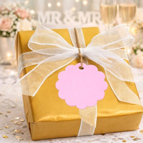 Image of CVANU Premium Gift Tags (120 Pcs) - 3 Designs Blank Hanging Tags with Pre-Punched Holes & Golden String for DIY Crafts| Gift Wrapping| Small Business & Labelling (Light Pink2)