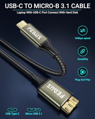 Image of FEDUS Hard Drive Cable 0.3M Hard disk Connector USB 3.1 C to Micro B Nylon External Hard Disk Compatible with Portable External Hard Drives,WD Elements,Seagate,Toshiba,Samsung M3 1TB /Galaxy S5 /Note 3