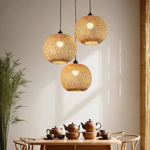 Suspension 3 lampes en bambou et rotin tisse lustre vintage boheme ajustable E27