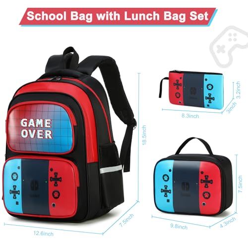 School Backpack for Boys Ages 5-13, 3PCS Gamer Boy Backpack Set with Lunch Box Pencil Case for boys Kids Teens, Video Game Bookbag or Boys Kids Teens, Elementary Middle School3