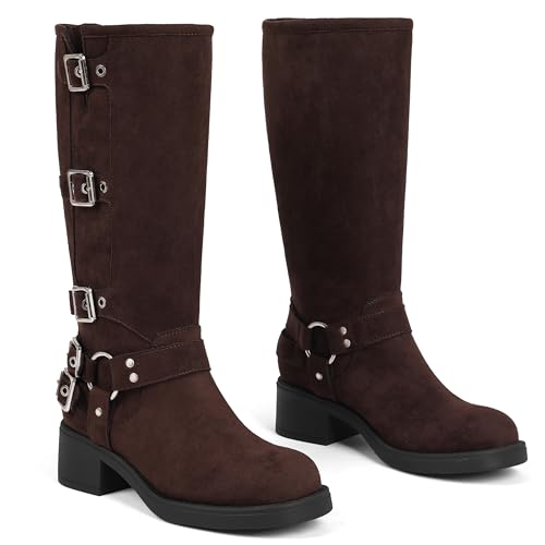 Image of AMINUGAL Knee High Boots Women Square Toe Pull On Wide Calf Riding Fashion Buckles Chunky Metallic Casual Vintage Buckle Rivet