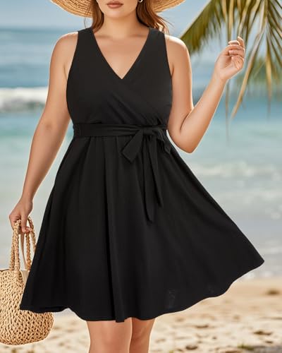 Image of Holipick Women's Plus Size Sleeveless V Neck Wrap Sundress Summer Casual Dress with Pockets