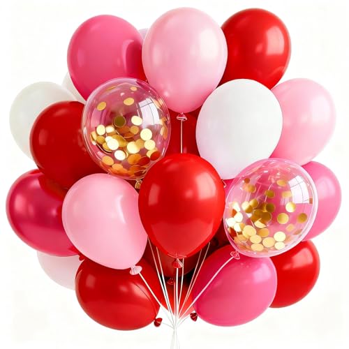 Image of PartyWoo Pink and Red Balloons 66pcs 12 Inch Hot Baby Pink Matte Red White Gold Confetti Balloons for Valentine's Day Engagement Wedding Bachelorette Girl Princess Birthday Party Decorations