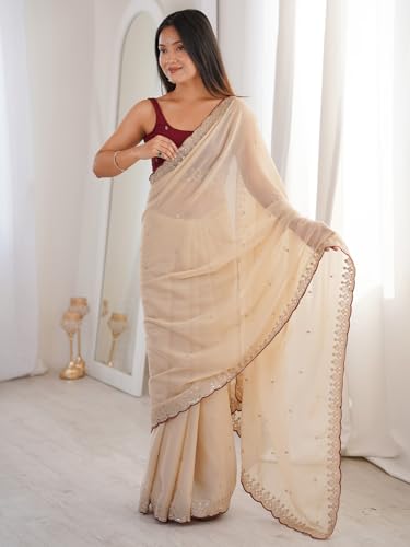 Image of AKHILAM Women's Shimmer Off White Georgette Sequence Embroidery Saree With Unstitched Blouse Piece