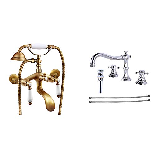 Antique Brass Clawfoot Tub Faucet Wall Mount Hand Held Shower Bathtub Faucet Set With Matching Widespread Bathroom Faucet Polished Chrome Silver 3 Holes Deck Mounted Basin Mixer Tap #TOP18