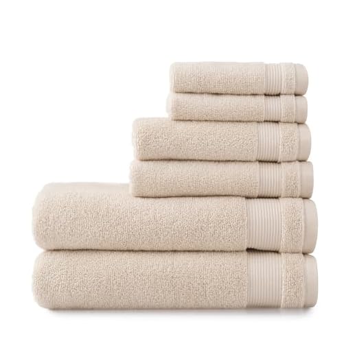 MARTHA STEWART Cotton Bath Towels Set - 6 Piece, 2 Bath Towels - 2 Hand Towels - 2 Washcloths, Quick Dry, Plush, Absorbent Bathroom Towels, Bathroom Essentials, MADE IN GREEN Certified, Beige